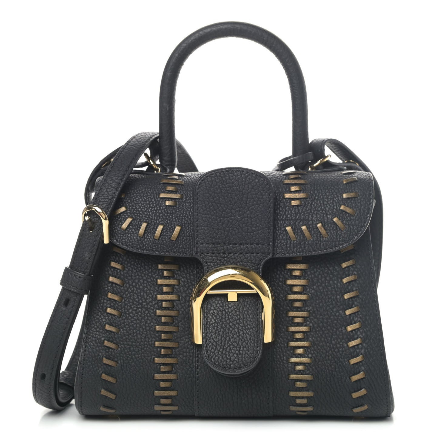 Crispy Calfskin Tribal Stitch Mini Brillant Satchel Black Bronze
