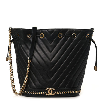Chanel Sheepskin Chevron Quilted Drawstring Bag Black 1 of 9