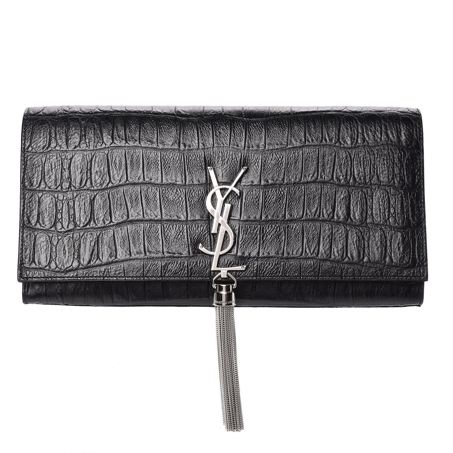 Calfskin Crocodile Embossed Classic Monogram Tassel Clutch Black