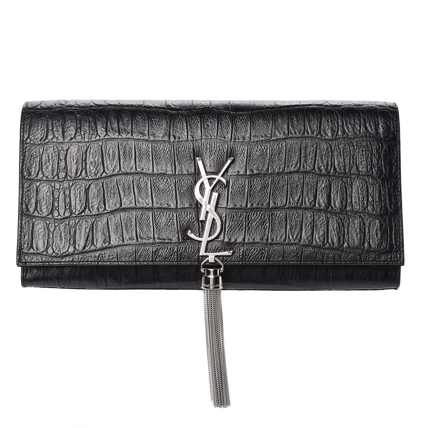Saint Laurent Calfskin Crocodile Embossed Classic Monogram Tassel Clutch Black 1 of 6