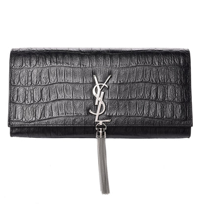 Saint Laurent Calfskin Crocodile Embossed Classic Monogram Tassel Clutch Black 1 of 6
