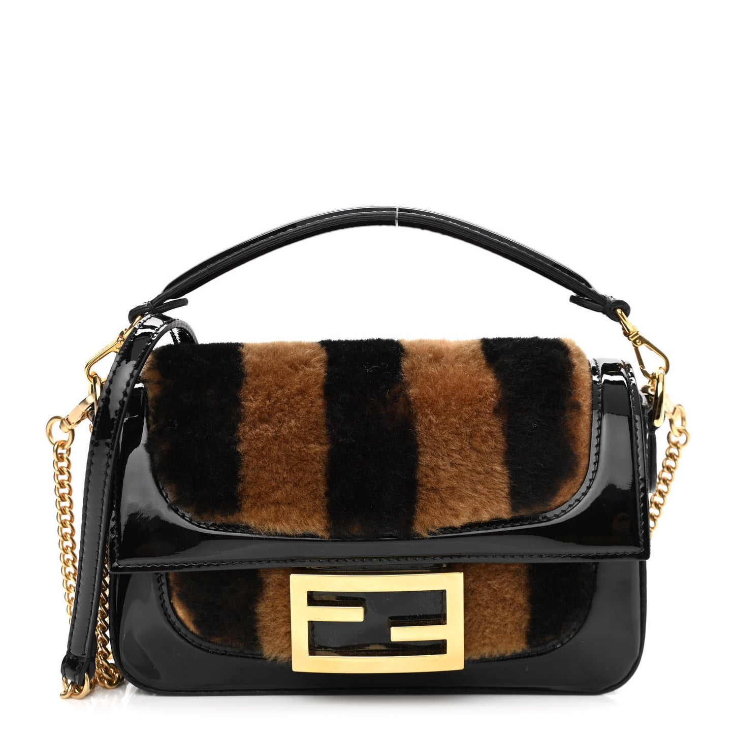 Shearling Vitello Vernice Mou Pequin Striped Mini Baguette Tobacco Black