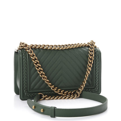 Chanel Caviar Chevron Quilted Braided Medium Boy Flap Dark Green 3 of 8