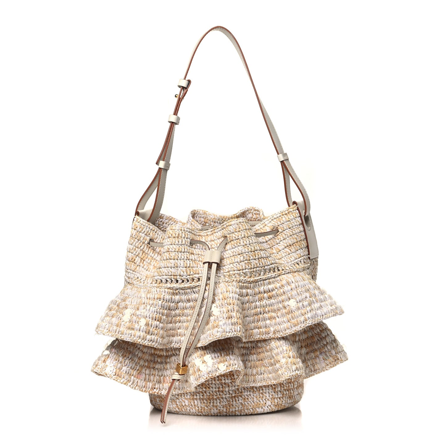Raffia Calfskin Sequin Balloon Ruffles Bucket Bag Natural White