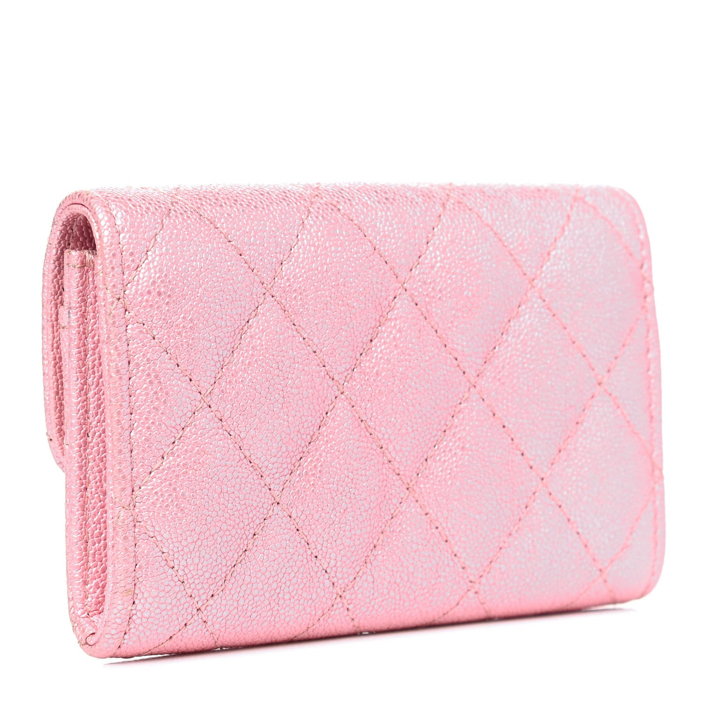 Iridescent Caviar Quilted Flap Card Holder Rose Pink
