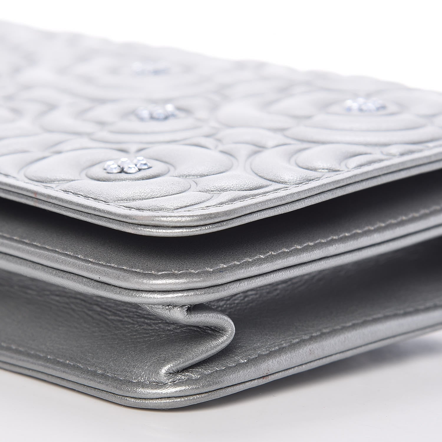 Chanel Metallic Lambskin Camellia Crystal Wallet on Chain WOC Silver 11 of 14