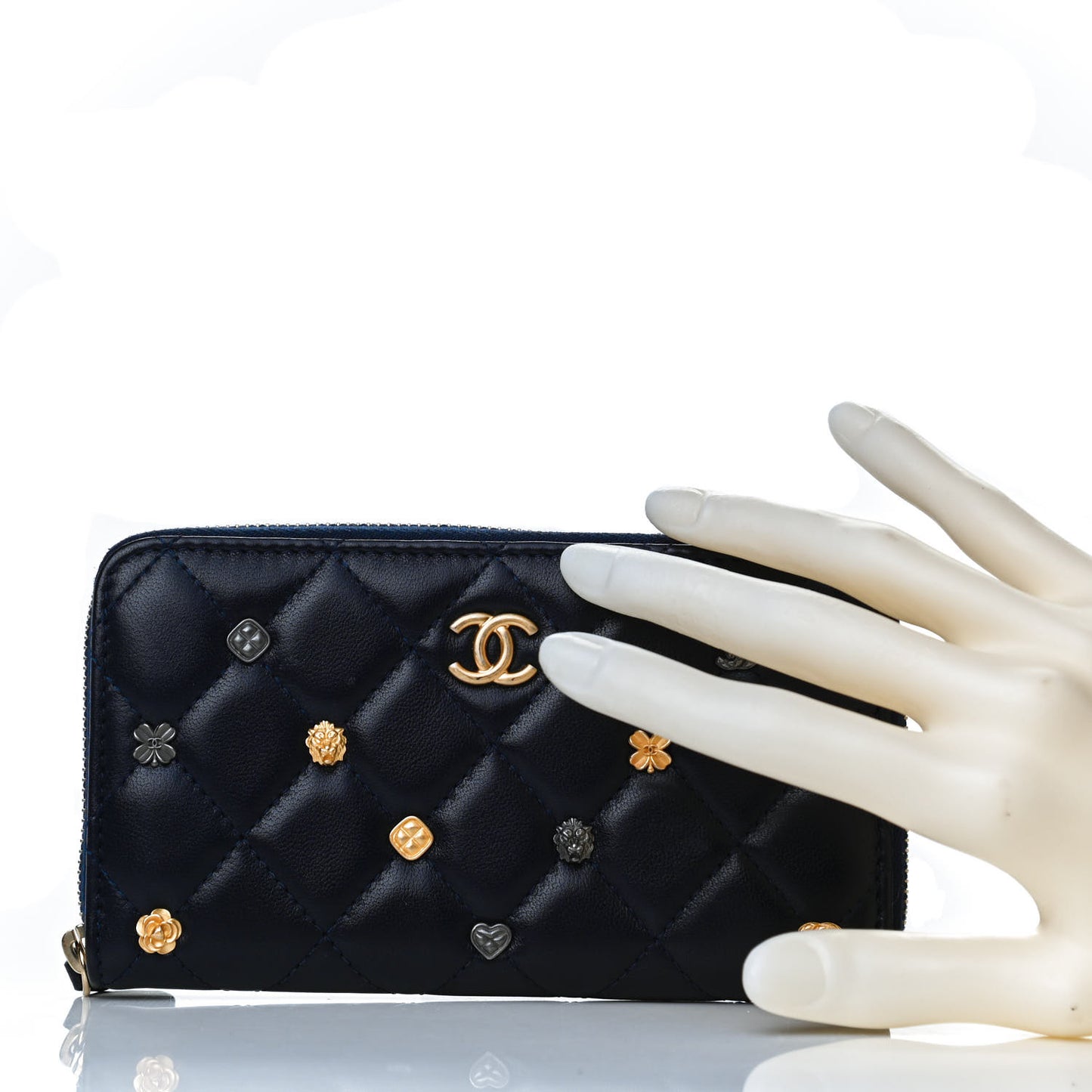 Lambskin Quilted Small Lucky Charms Zip Around Wallet Navy