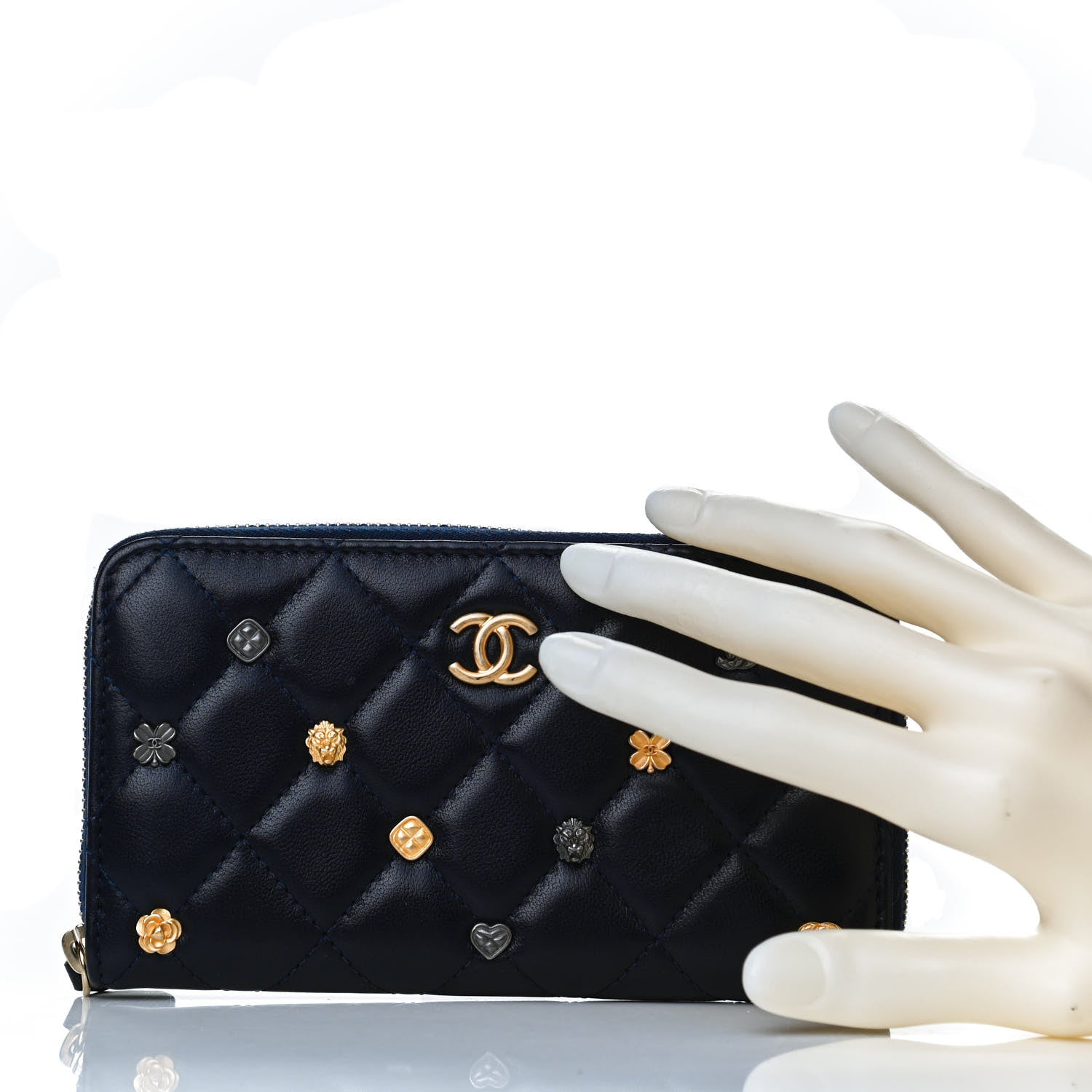Chanel Lambskin Quilted Small Lucky Charms Zip Around Wallet Navy 2 of 12