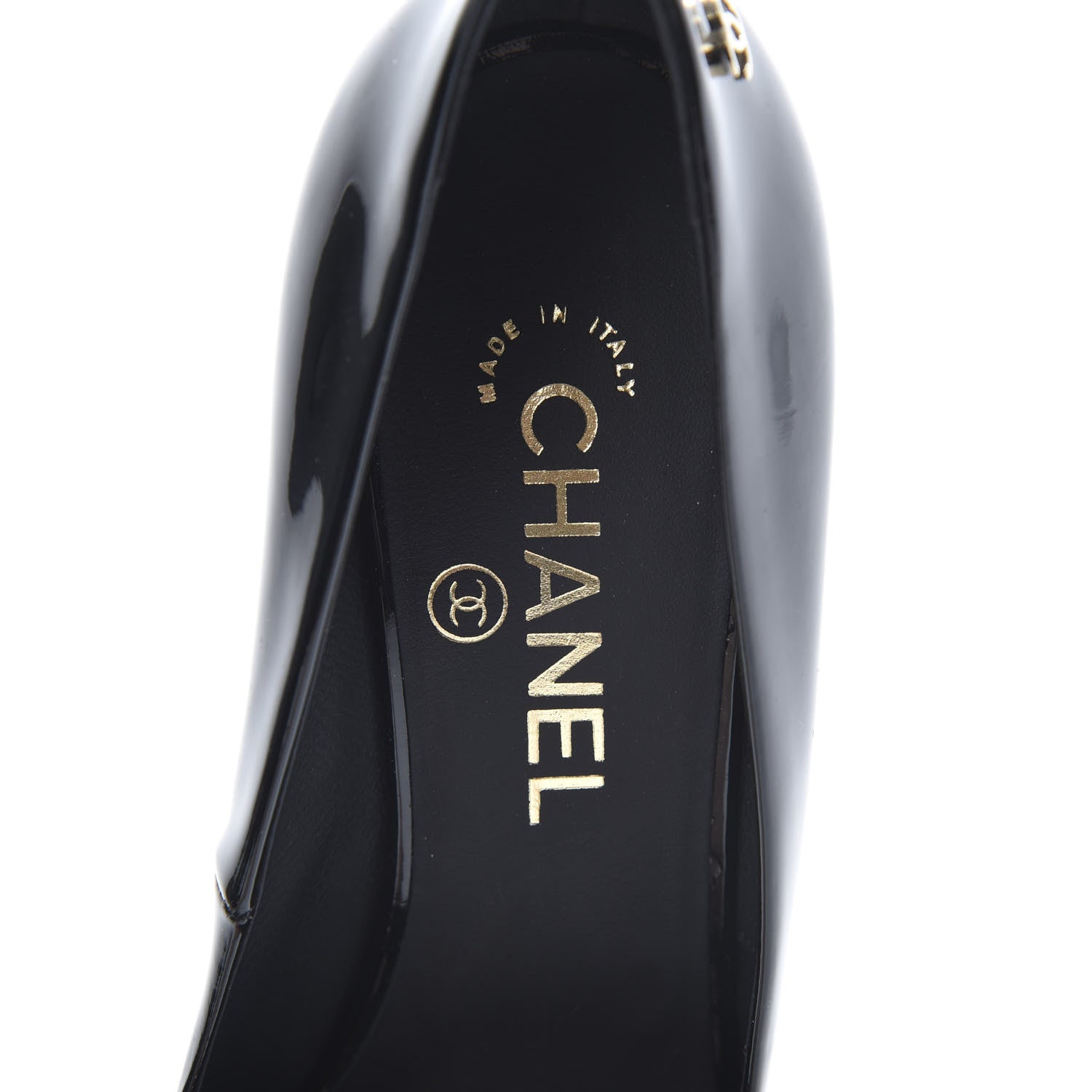 Chanel Patent Pearl Embellished Heel Peep Toe CC Pumps 38.5 Black 6 of 7