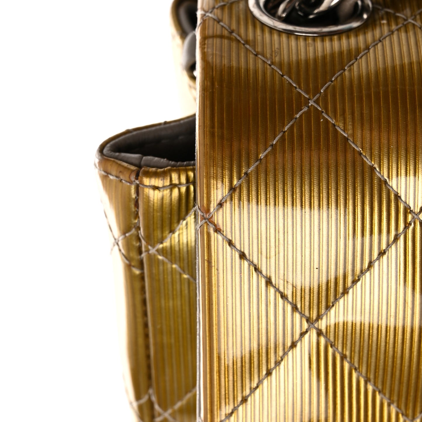 Striated Patent Quilted Mini Square Flap Beige