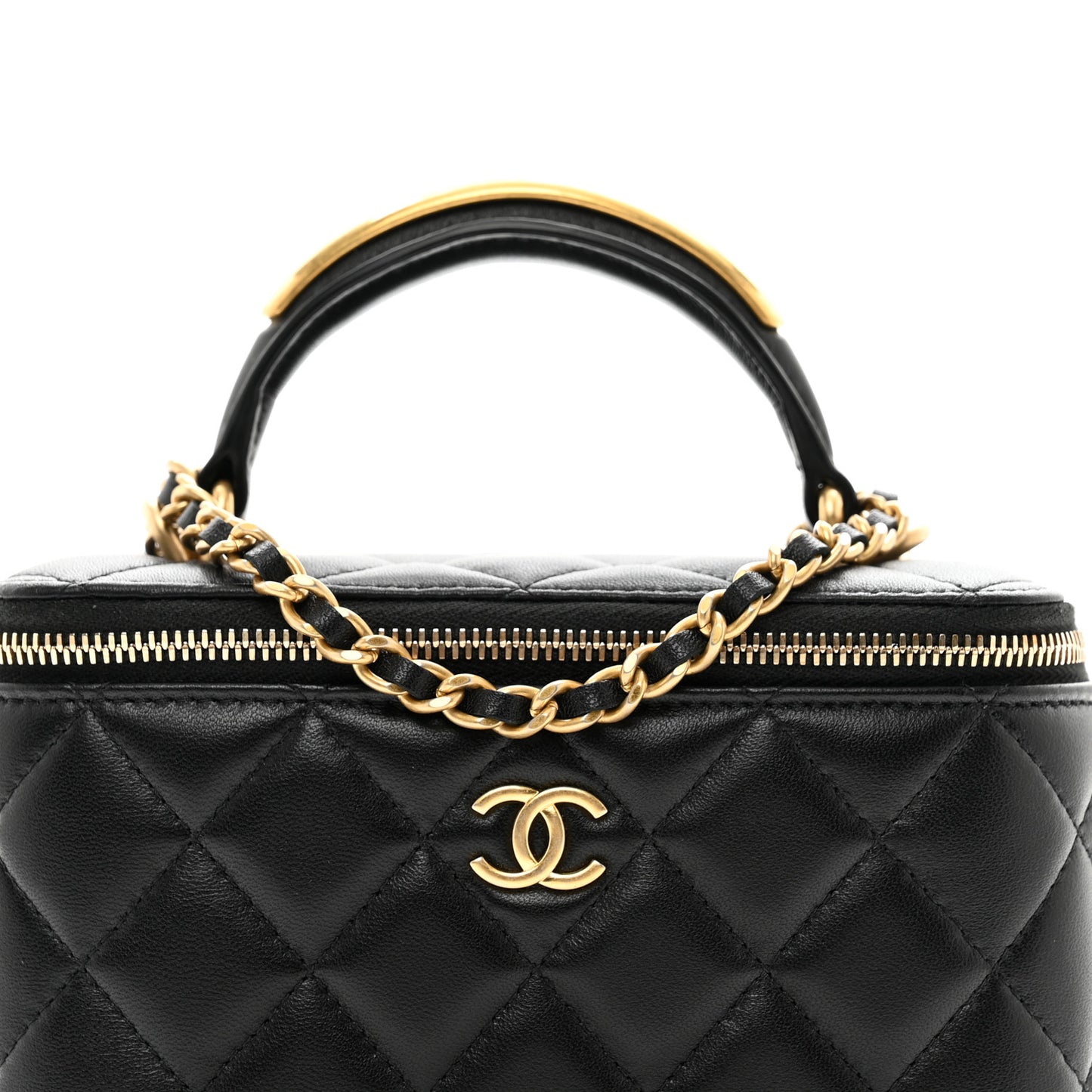 Lambskin Quilted Metal Small Top Handle Vanity Case With Chain Black
