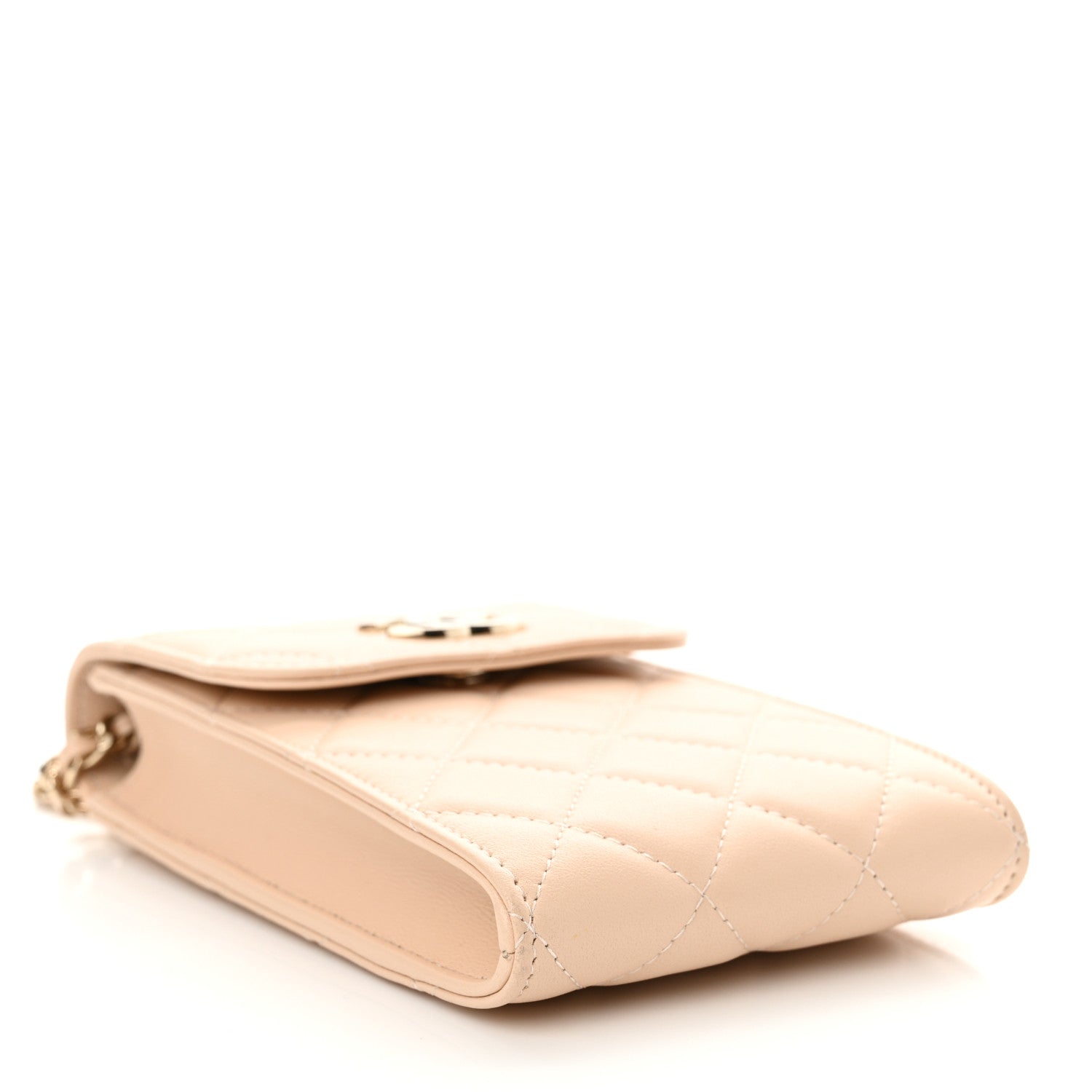 Chanel Lambskin Enamel Quilted Phone Holder With Chain Beige