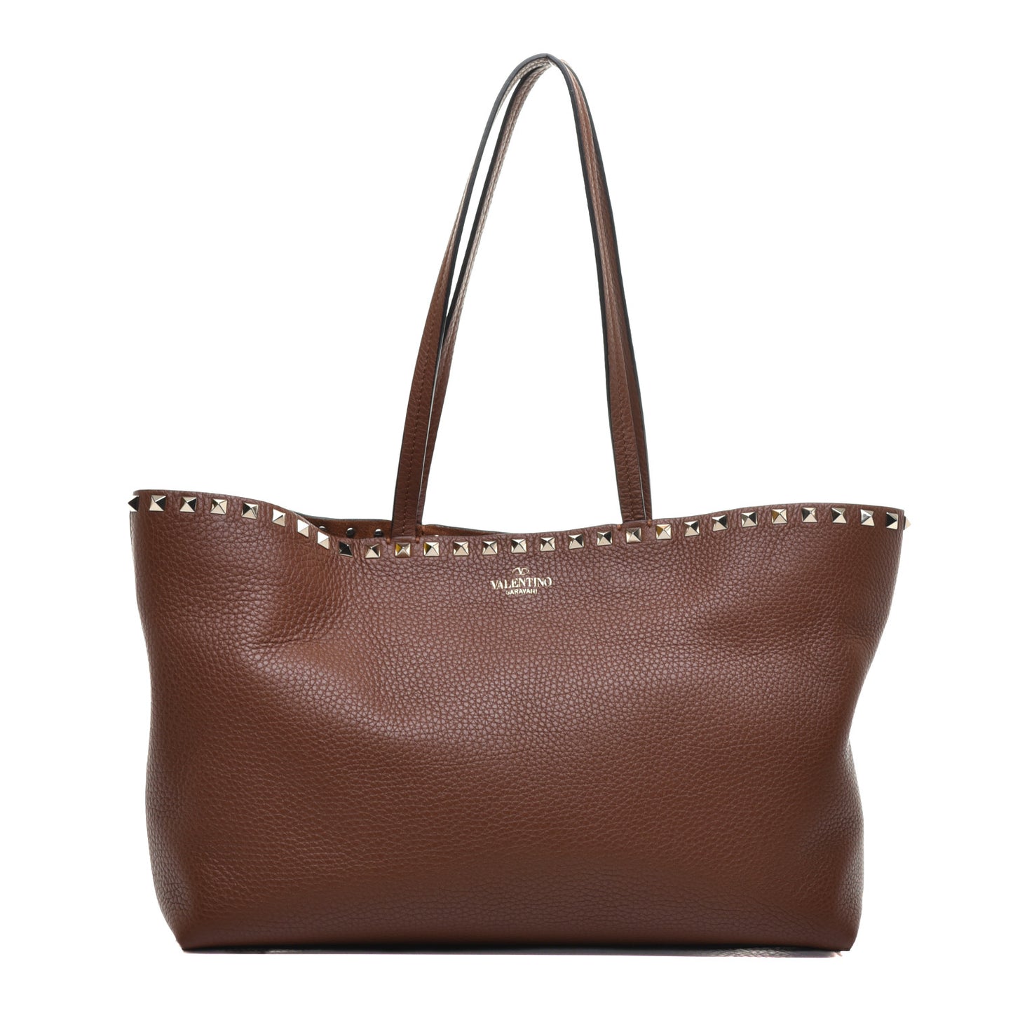 Grained Calfskin Small Rockstud Shoulder Tote Bright Cognac