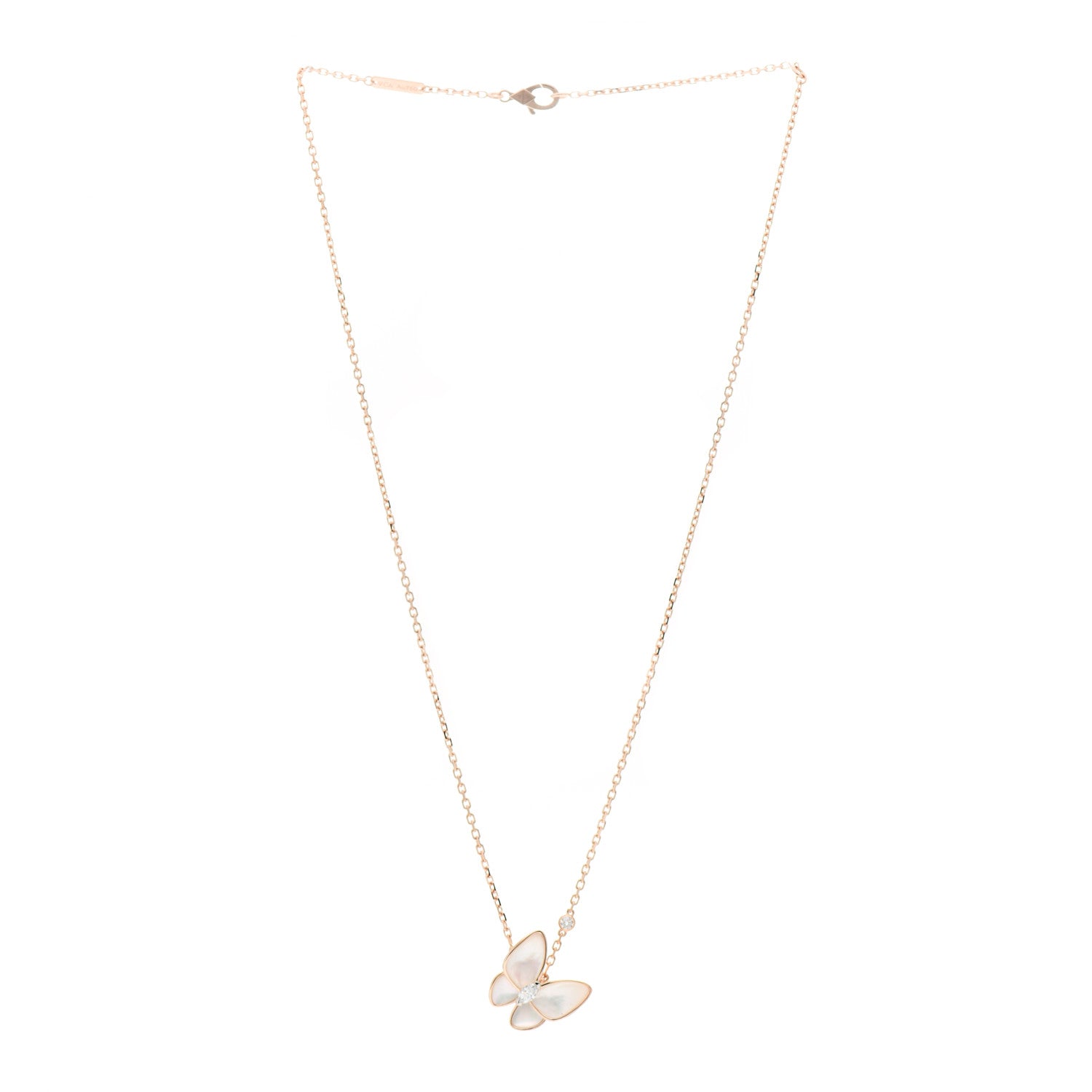 Van Cleef & Arpels 18K Rose Gold Diamond Mother of Pearl Two Butterfly Pendant Necklace 3 of 6