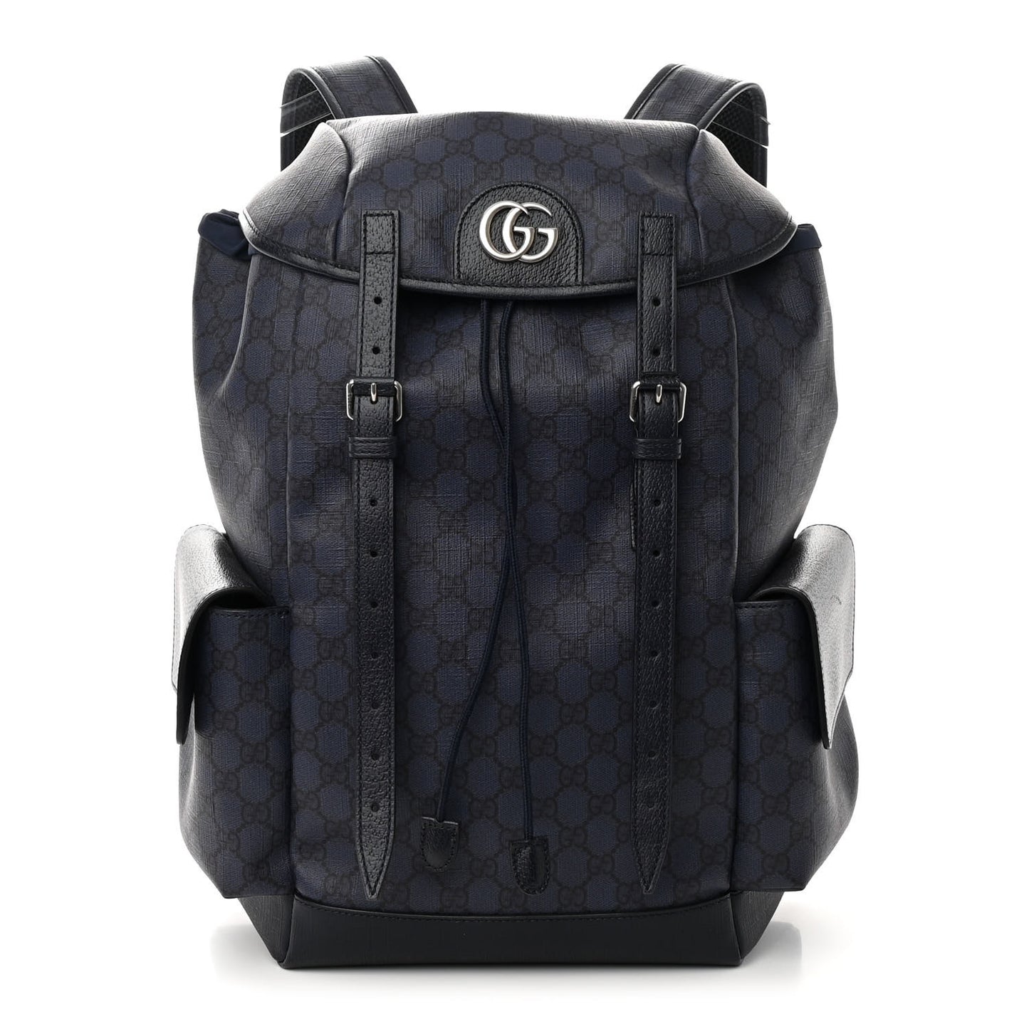 GG Supreme Monogram Textured Dollar Calfskin Medium Double Buckle Backpack Blue Dark Blue Black
