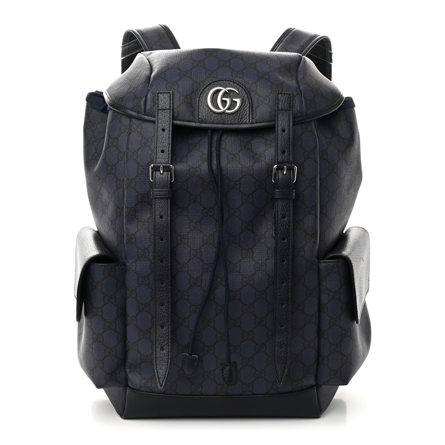 Gucci GG Supreme Monogram Textured Dollar Calfskin Medium Double Buckle Backpack Blue Dark Blue Black 1 of 14