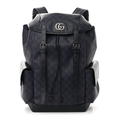 Gucci GG Supreme Monogram Textured Dollar Calfskin Medium Double Buckle Backpack Blue Dark Blue Black 1 of 14