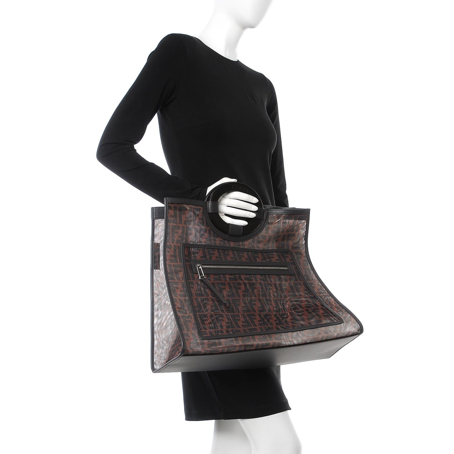 Mesh Vitello Century Cuoio FF 1974 Large Runaway Shopper Tote Marrone Black Ebano