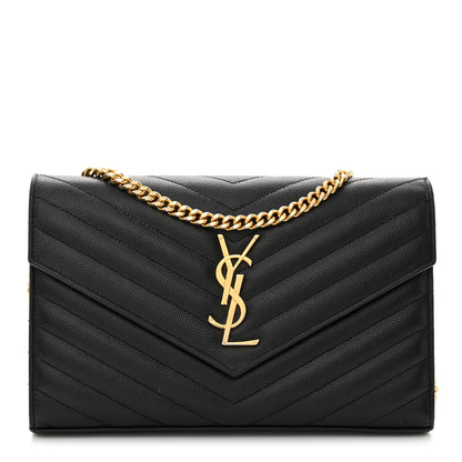 Saint Laurent Grain De Poudre Matelasse Chevron Monogram Chain Wallet Black 1 of 10