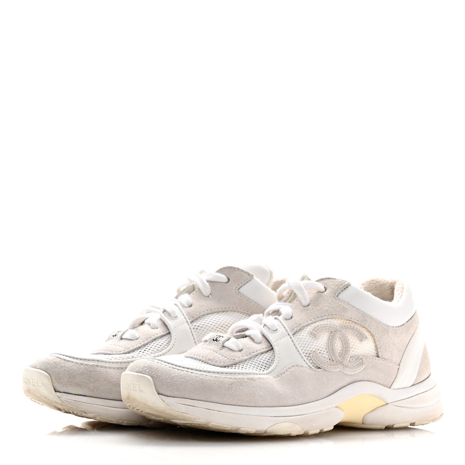 Chanel Mesh Suede Calfskin Grained Calfskin Womens CC Sneakers 39 White Grey 4 of 10