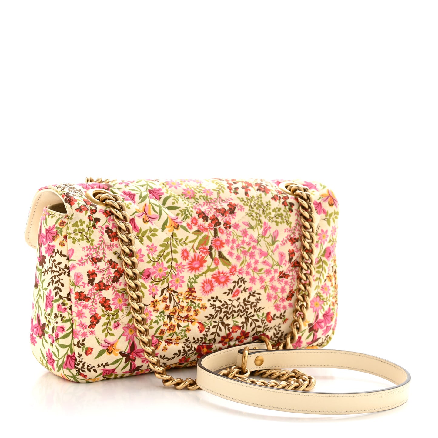 Cotton Calfskin Matelasse Floral Print Small GG Marmont Shoulder Bag Ivory Pink