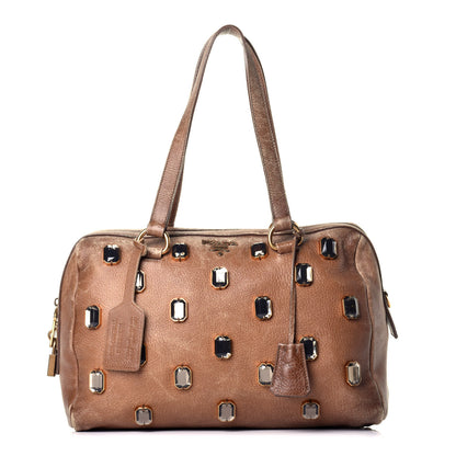 Prada Cervo Deerskin Crystal Embellished Bowler Bag Brown 1 of 8