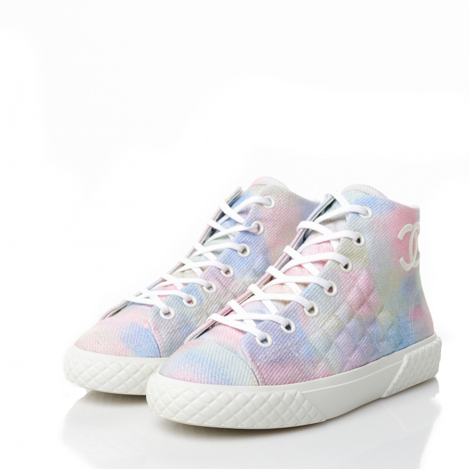 Chanel Printed Fabric High Top CC Sneakers 38.5 Green Pink Blue White 3 of 9