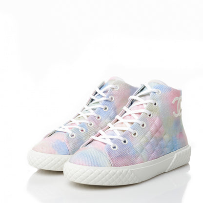 Chanel Printed Fabric High Top CC Sneakers 38.5 Green Pink Blue White 3 of 9