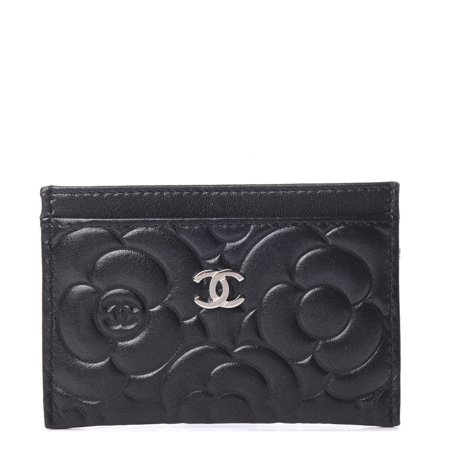 Lambskin Camellia Embossed Card Holder Black