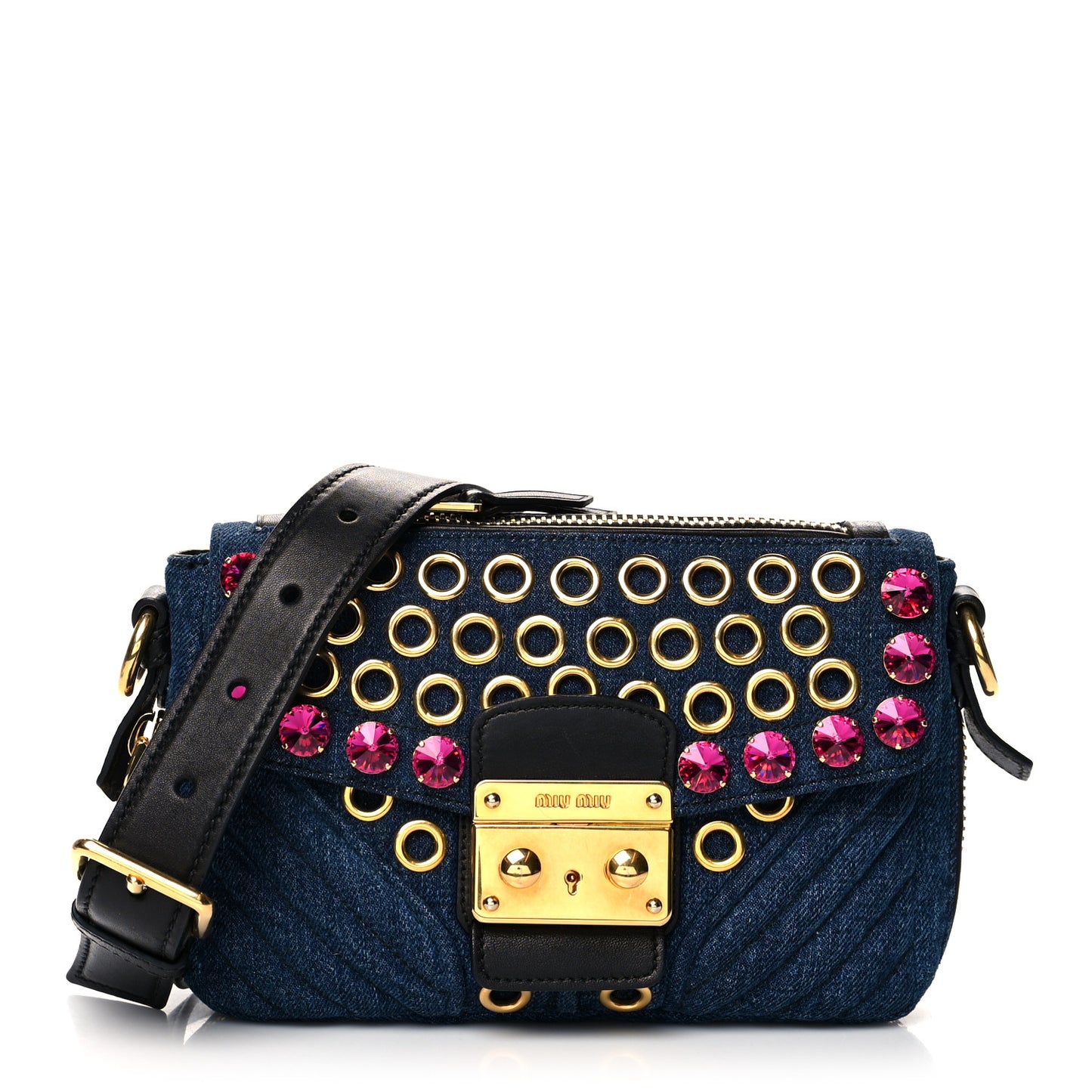Denim Crystal Embellished Grommet Biker Shoulder Bag Blue Black