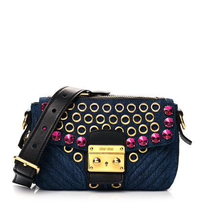 Miu Miu Denim Crystal Embellished Grommet Biker Shoulder Bag Blue Black 1 of 10
