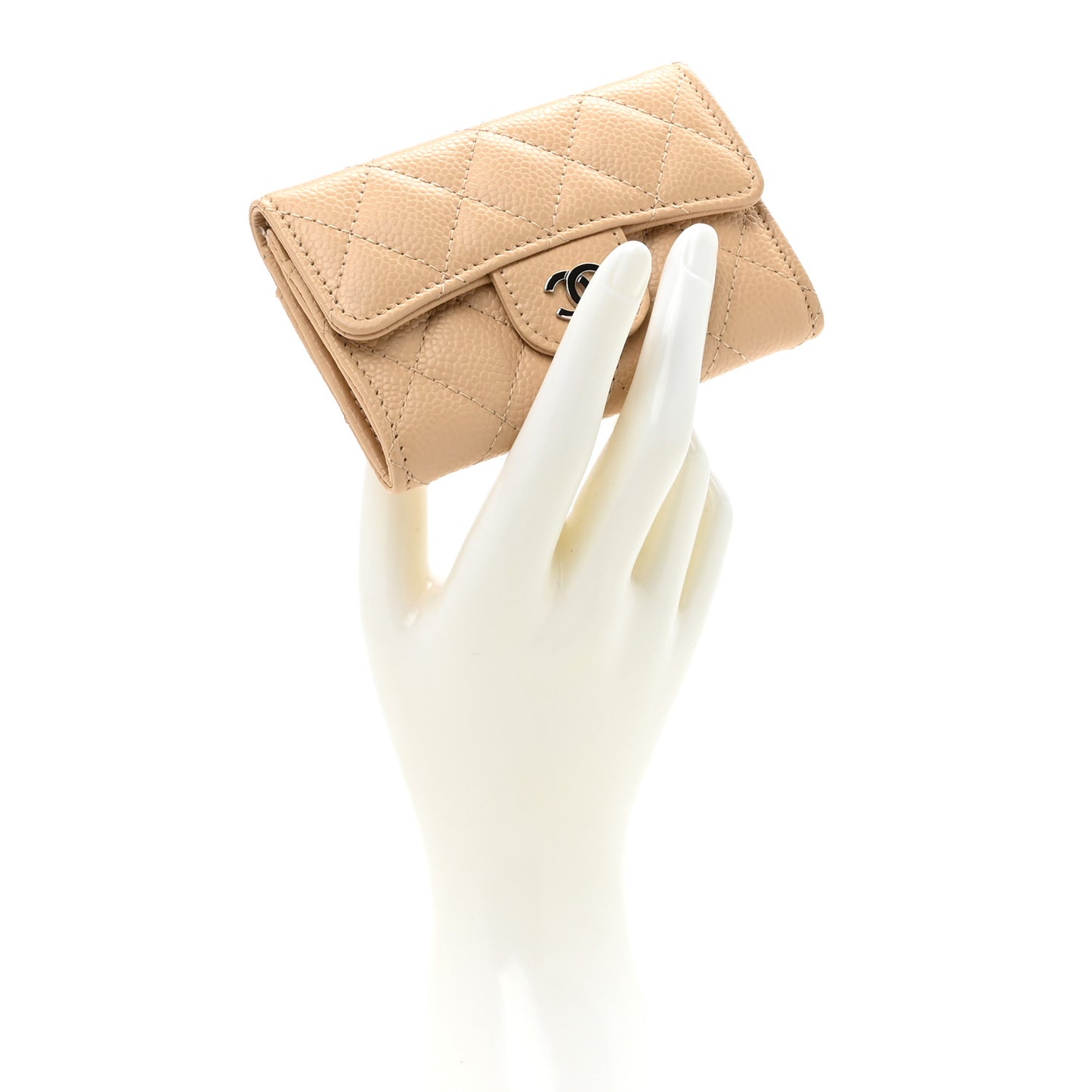 Caviar Quilted Flap Card Holder Wallet Beige