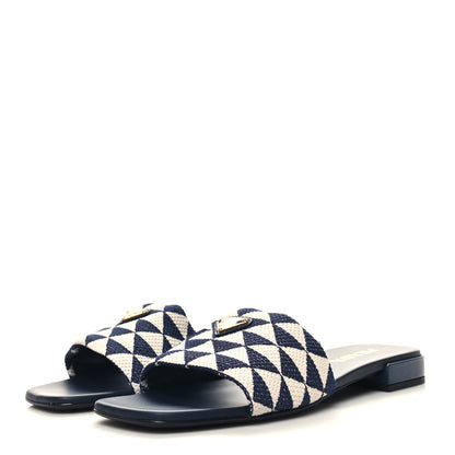 Prada Jacquard Trianglolo Symbole Embroidered Metal Triangle Logo 10mm Slide Sandals 39.5 Baltico Talco 3 of 7