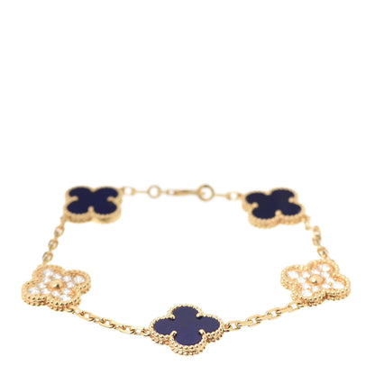 Van Cleef & Arpels 18K Yellow Gold Diamond Blue Sevres Porcelain 5 Motifs Vintage Alhambra Vendome Bracelet 1 of 6