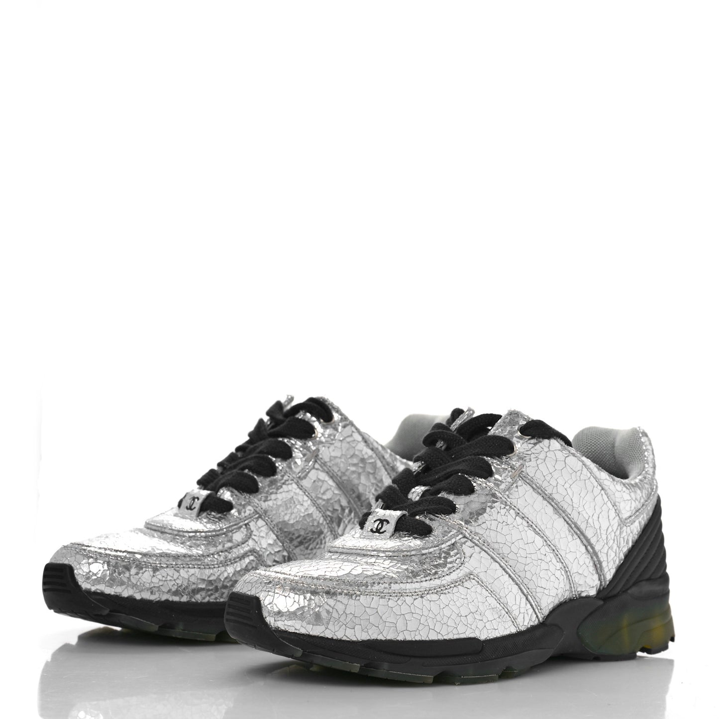 Metallic Crackled Calfskin CC Sneakers 37 Silver Black Navy