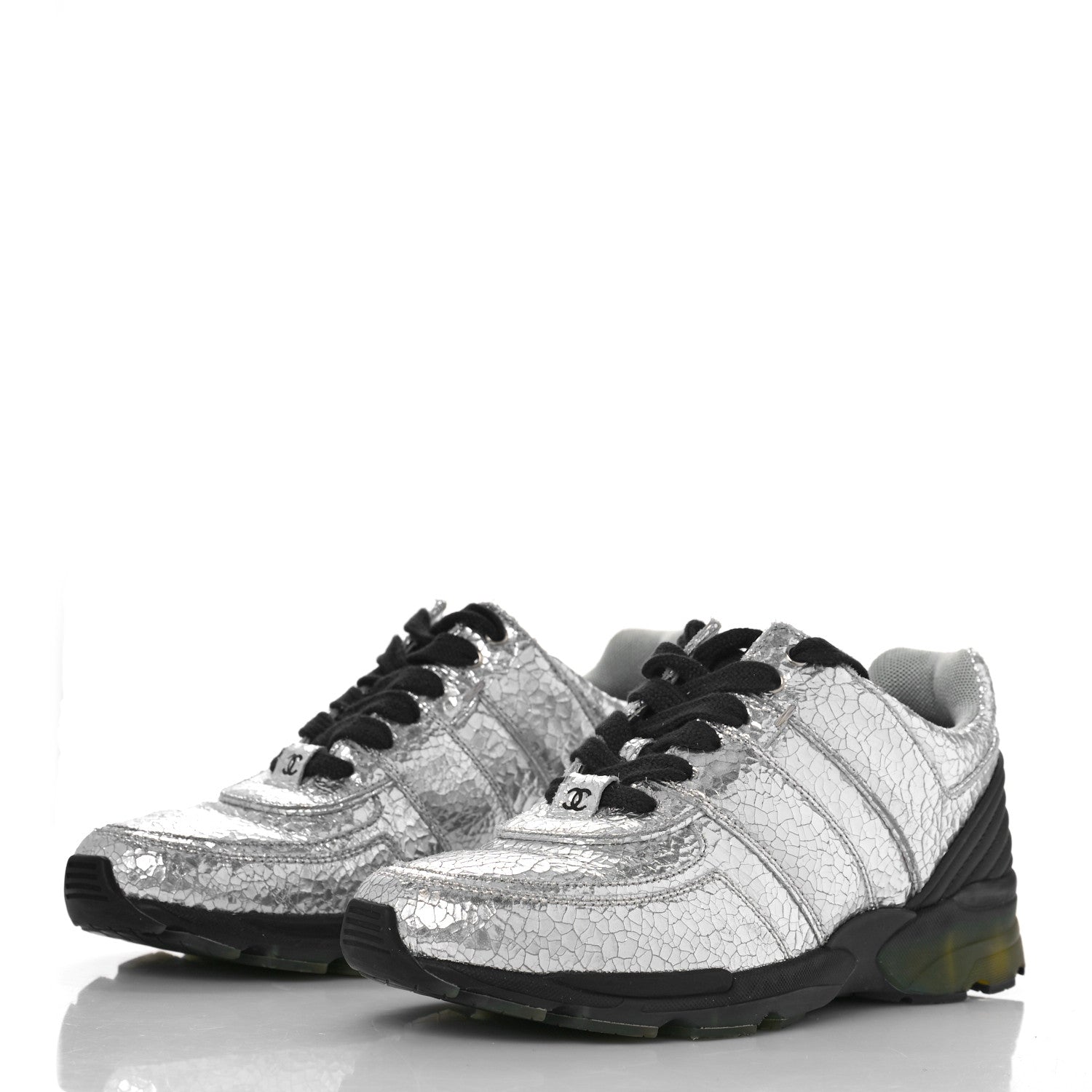 Chanel Metallic Crackled Calfskin CC Sneakers 37 Silver Black Navy 4 of 9
