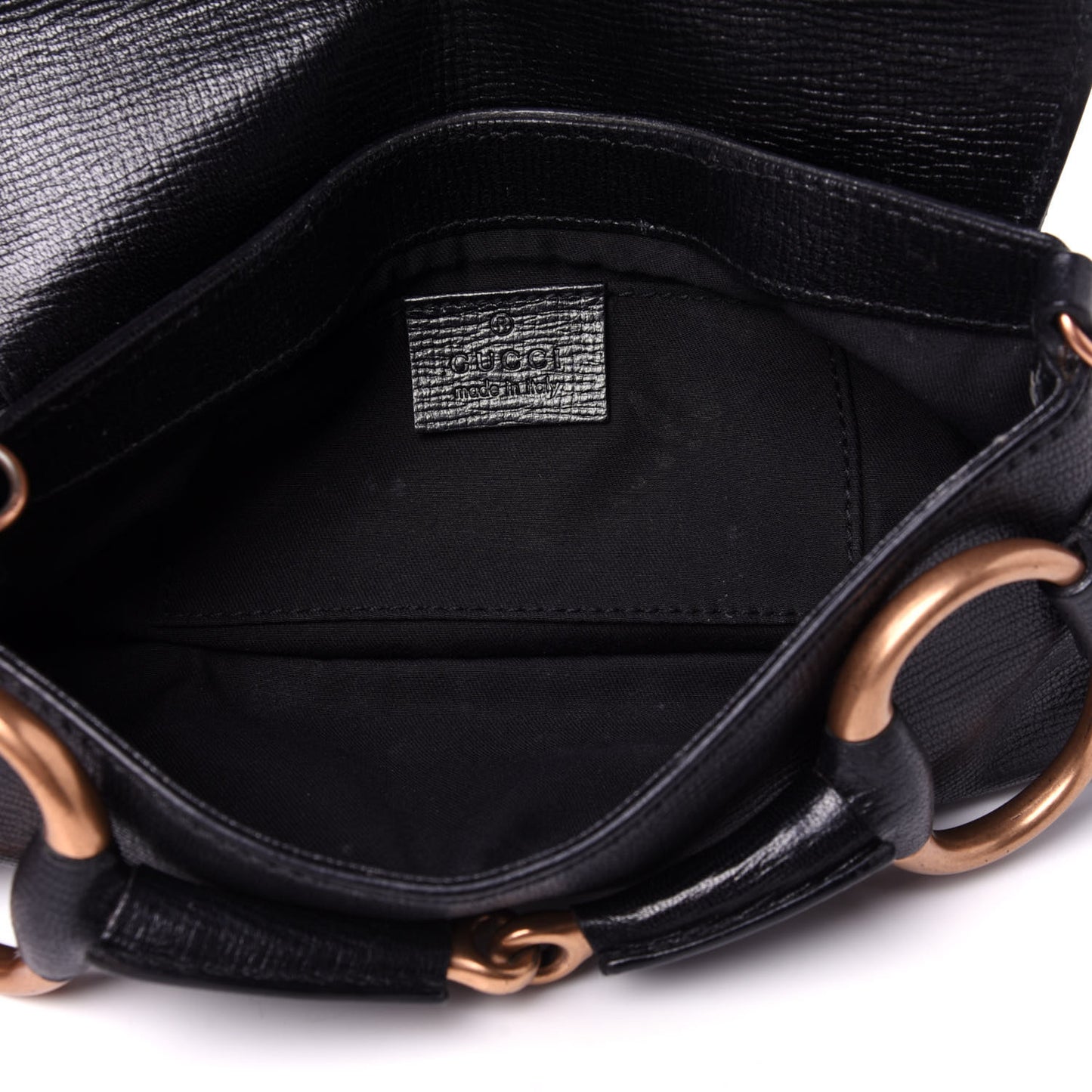 Textured Calfskin Horsebit Chain Clutch Black