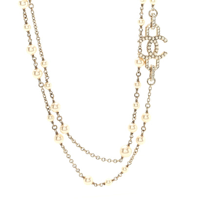 Chanel Crystal Pearl CC Long Necklace Light Gold 1 of 5