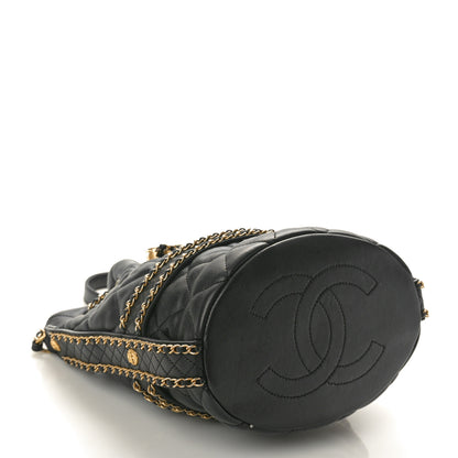 Chanel Lambskin Quilted Chain Bucket Drawstring Bag Black 4 of 10