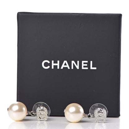 Chanel Crystal Pearl CC Drop Earrings Silver Pearly White 6 of 6