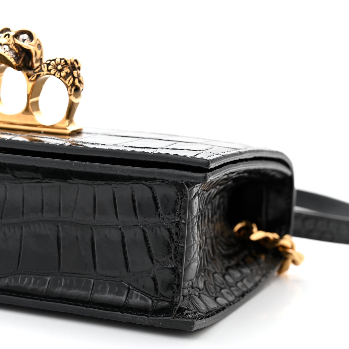 Shiny Crocodile Embossed Jeweled Satchel Black
