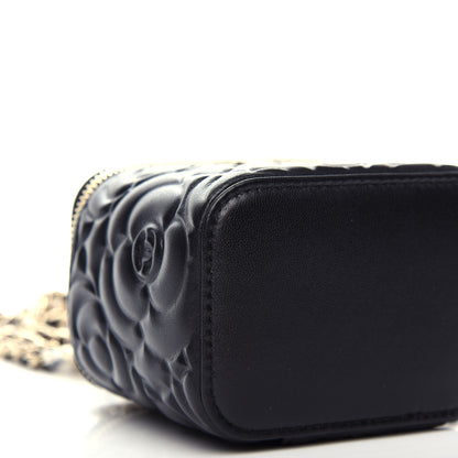 Chanel Lambskin Camellia Embossed Mini Vanity Case With Chain Black 9 of 12