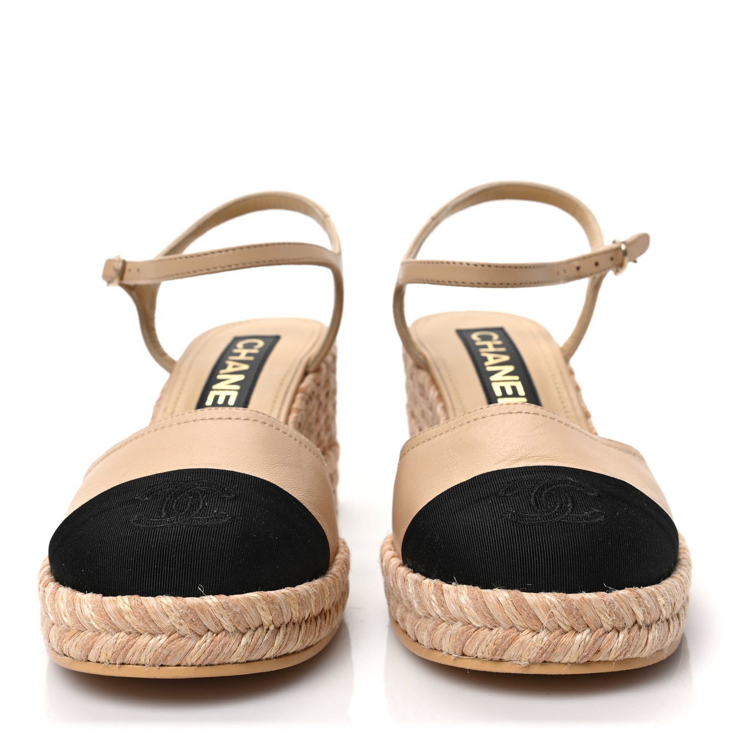 Lambskin Grosgrain CC Espadrilles Wedges 37 Beige Black