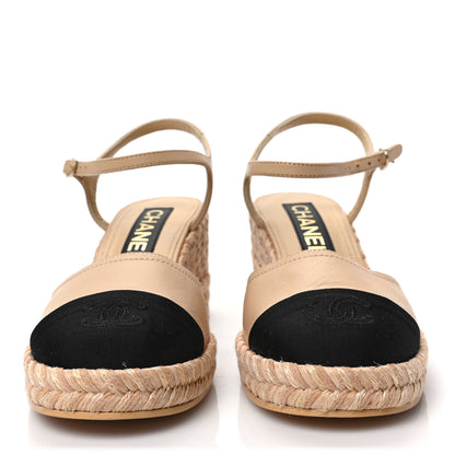 Chanel Lambskin Grosgrain CC Espadrilles Wedges 37 Beige Black 3 of 9
