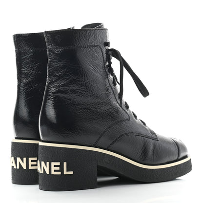 Chanel Shiny Crumpled Lambskin Lace Up Combat Boots 38.5 Black 4 of 7