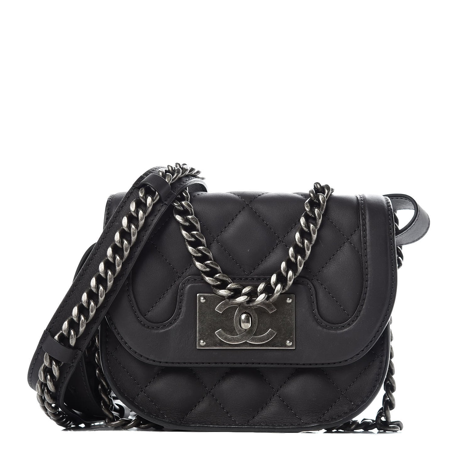 Calfskin Quilted Small Double Chained Messenger Flap Charcoal