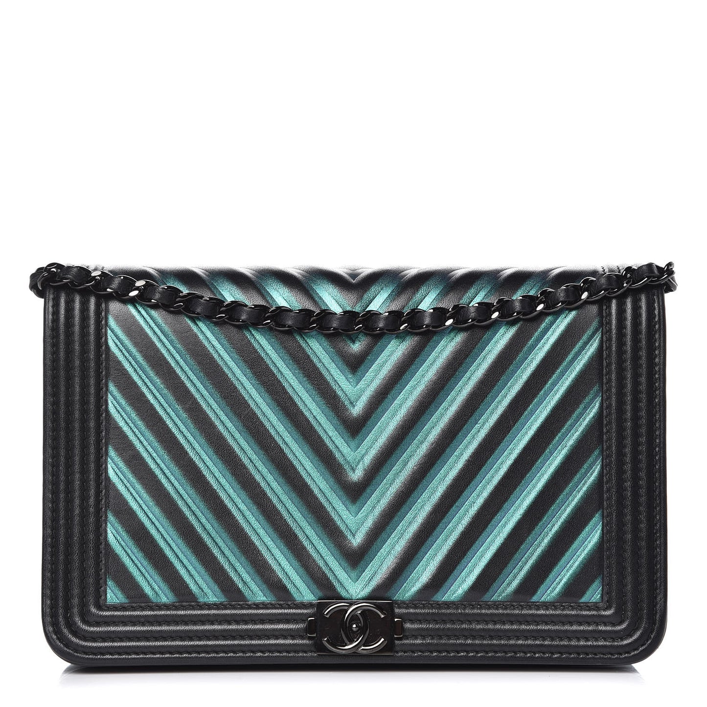 Calfskin Painted Chevron Embossed Boy Wallet On Chain WOC Black