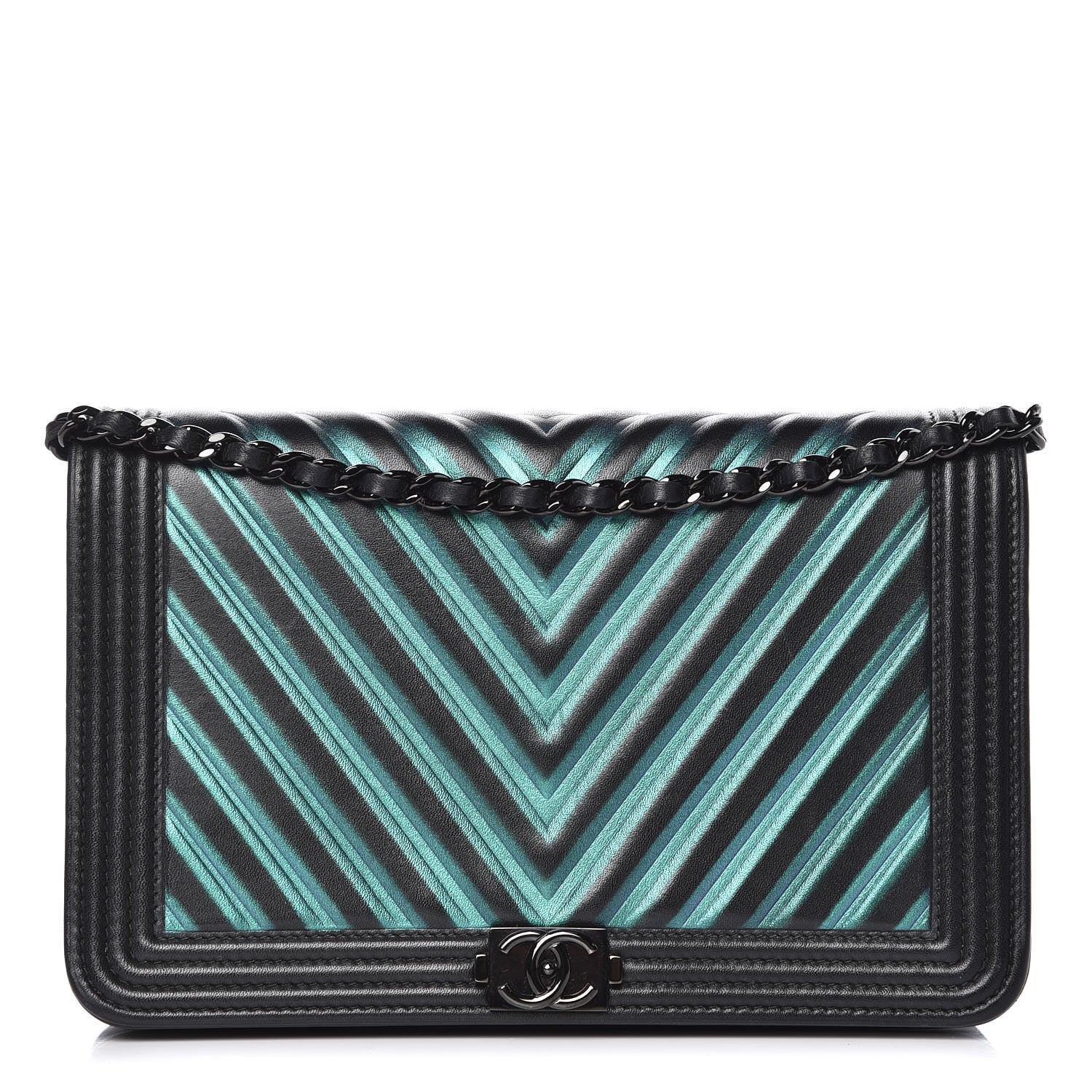 Chanel Calfskin Painted Chevron Embossed Boy Wallet On Chain WOC Black 1 of 11