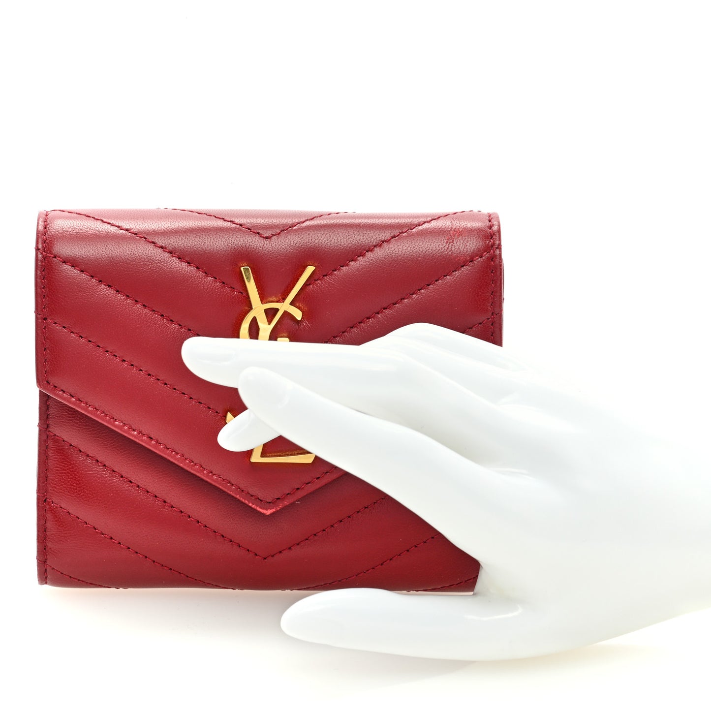 Lambskin Matelasse Chevron Monogram Compact Tri Fold Wallet Red