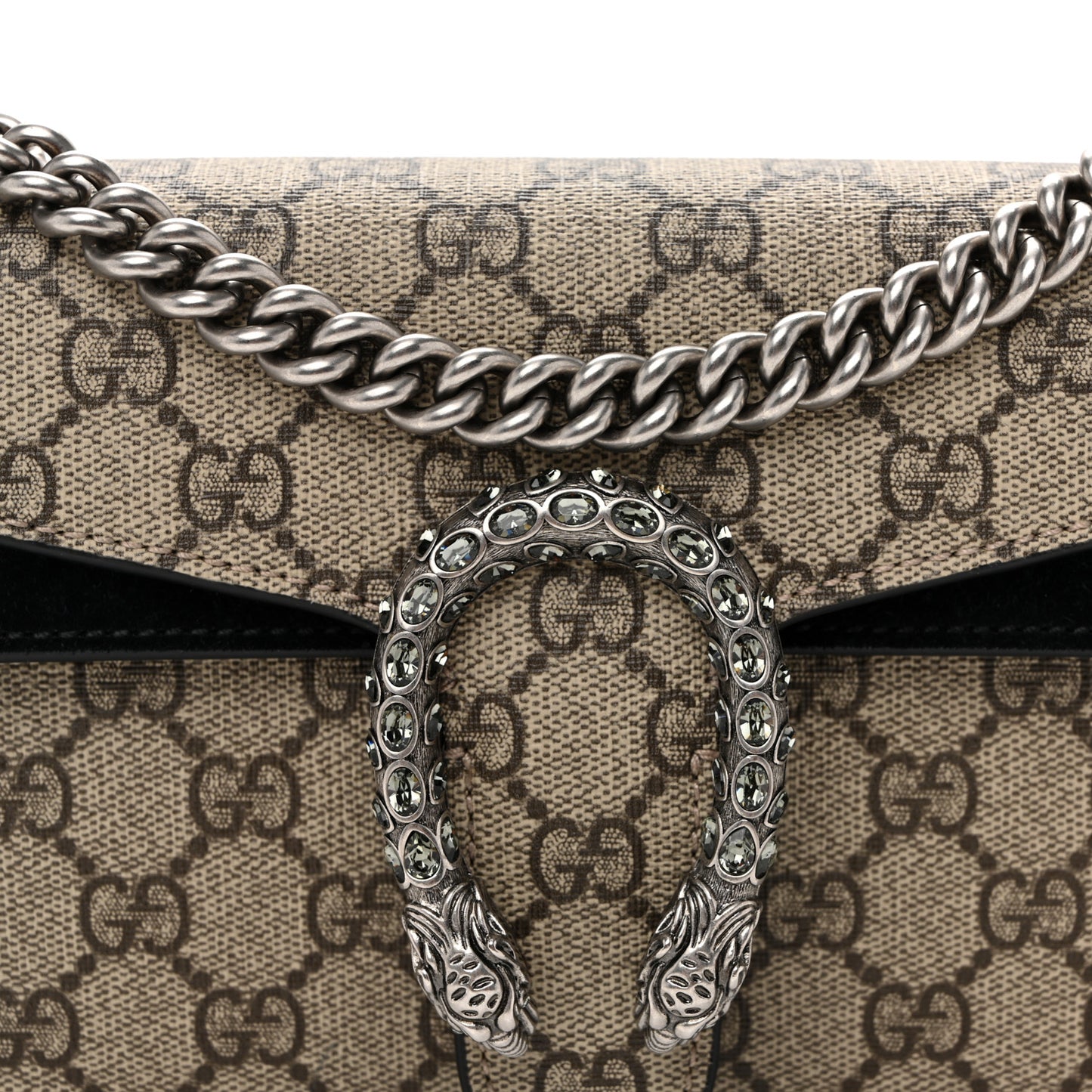 GG Supreme Monogram Suede Crystal Small Dionysus Shoulder Bag Beige Ebony Black